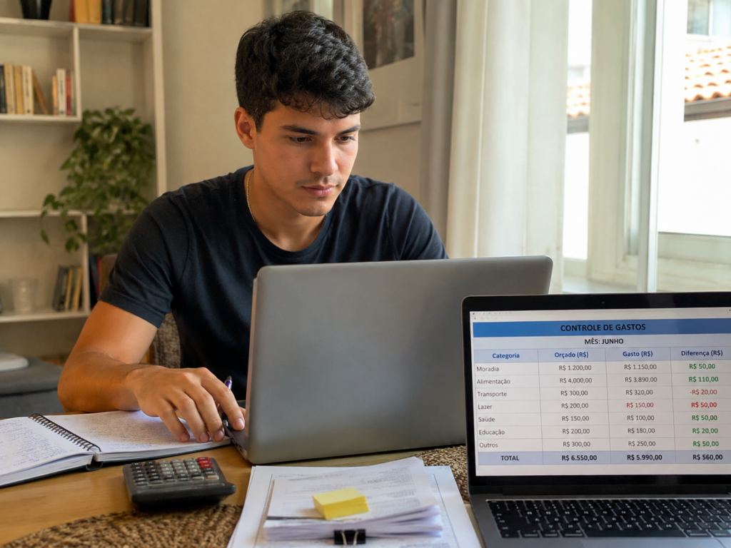 organização financeira para entrar na faculdade jovem estudante planejando gastos com caderno e calculadora